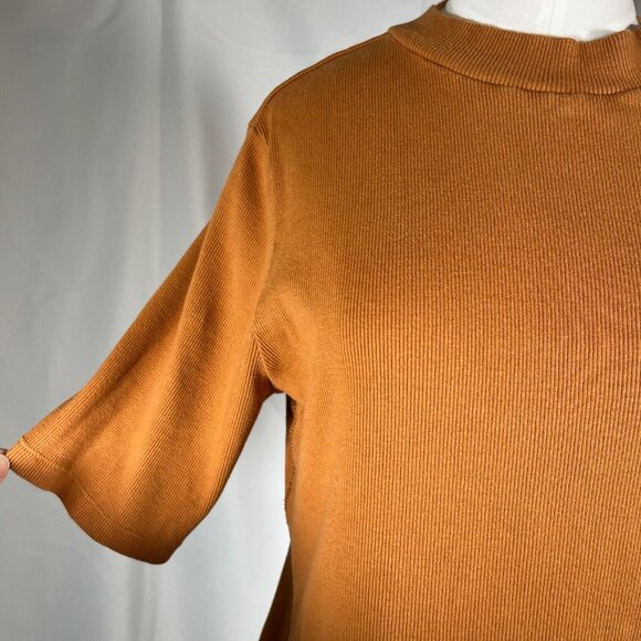 MAEVE Anthropologie Ribbed Shirt Short Sleeve Sweater Women Sz Large Camel Brown - Picture 4 of 11